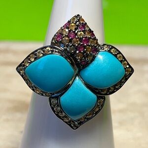 Levian / Carlo Viani Turquoise Flower Diamonds Pink Sapphire Ring 14K Gold SZ 6